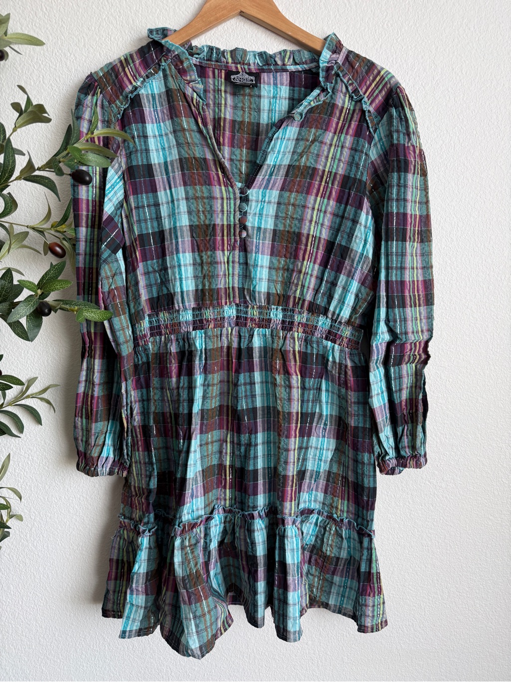 Nwot Angie Teal Plaid Boho Babydoll Dress Women’s Size Large